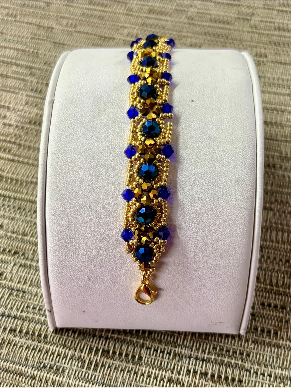 Handmade Gold and Cobalt Blue Crystal Beaded Bracelet - Women Jewelry - Picture 4 of 5